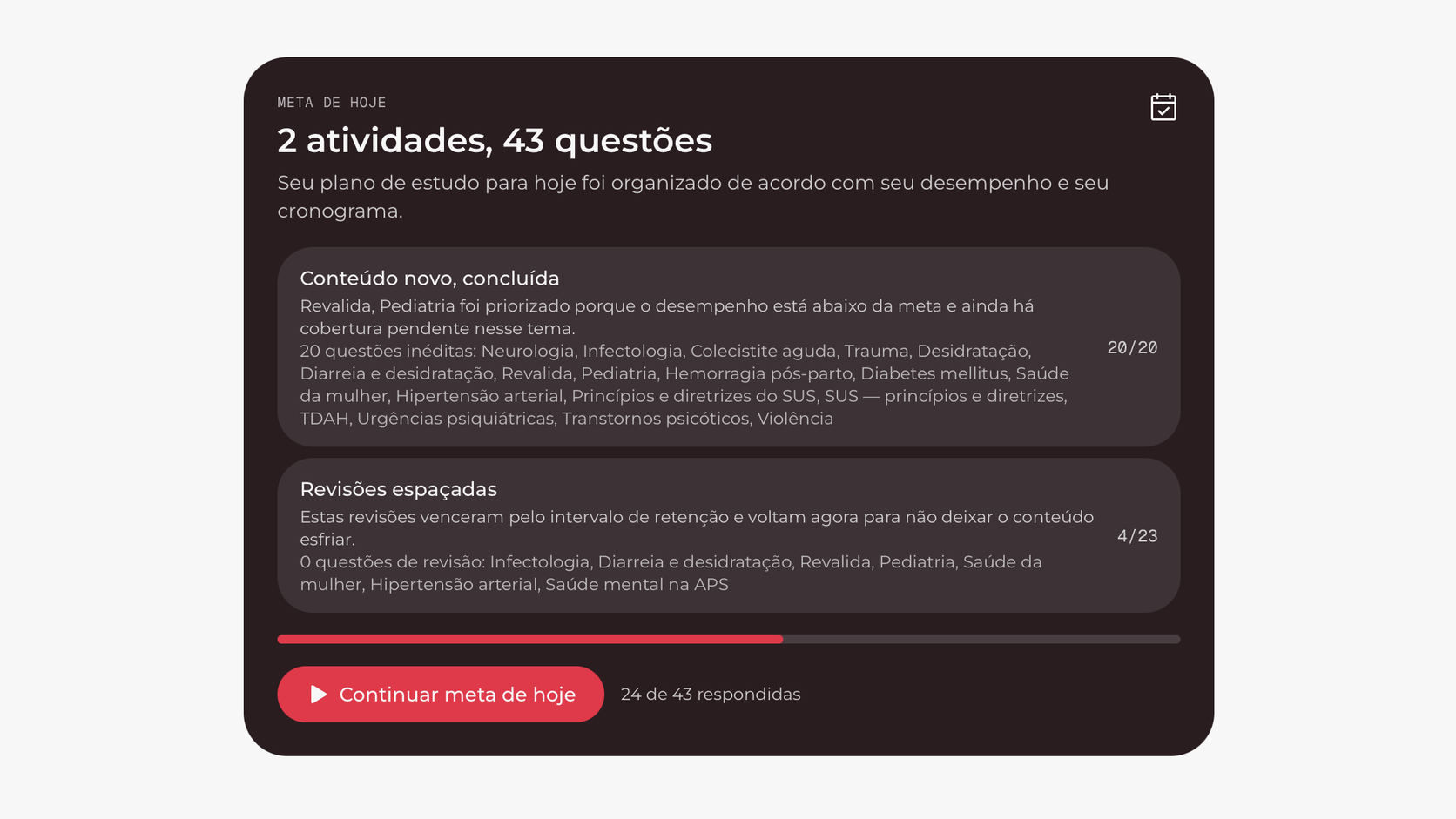 Meta de hoy con actividades y progreso del día